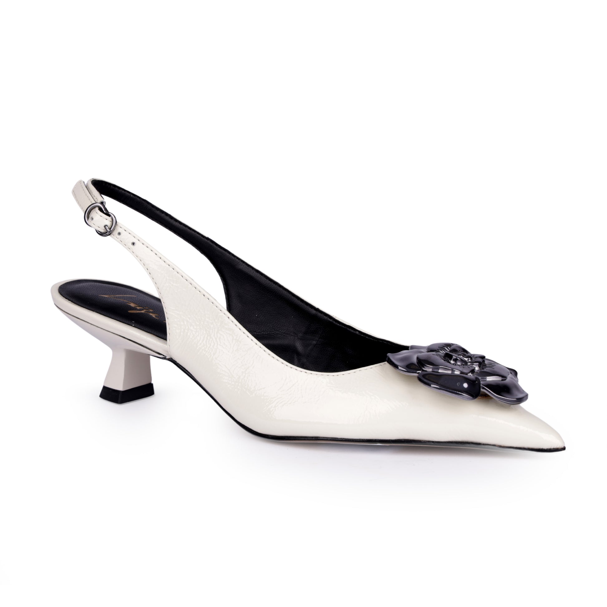 Kitty Heel SlingBack Black Flower Off White