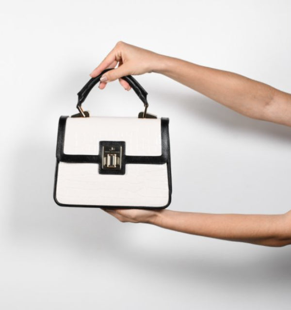 White Black Textured Leather Satchel Bag