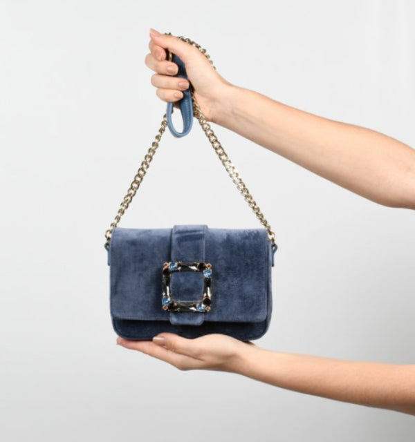 Blue Horizon/ Black Metallic Crossbody Bag with Stones