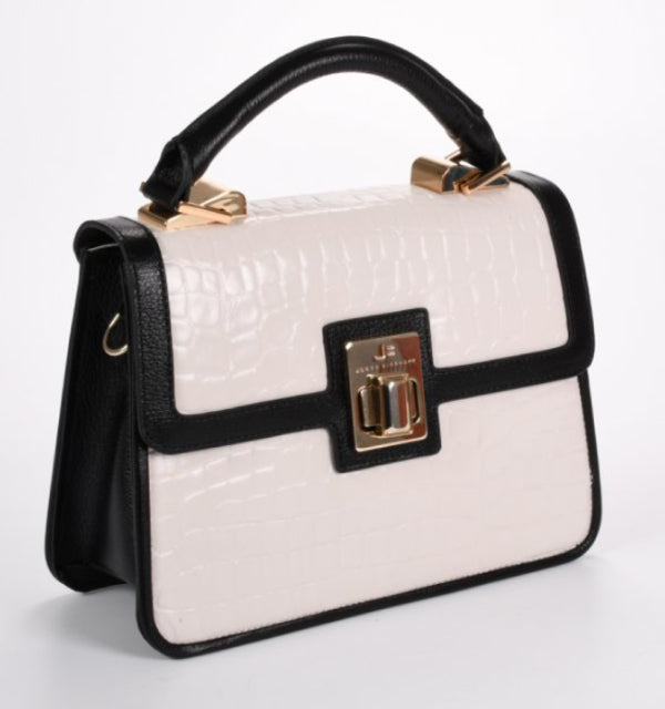 White Black Textured Leather Satchel Bag