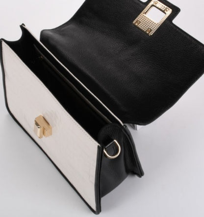 White Black Textured Leather Satchel Bag