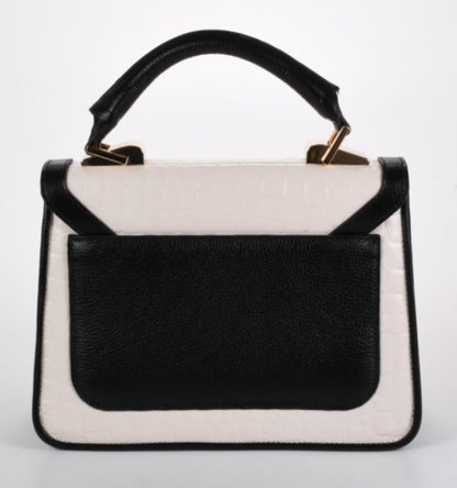 White Black Textured Leather Satchel Bag