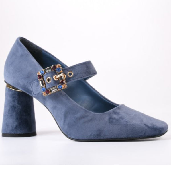 Blue Velvet Horizon Buckle Pumps with Stones