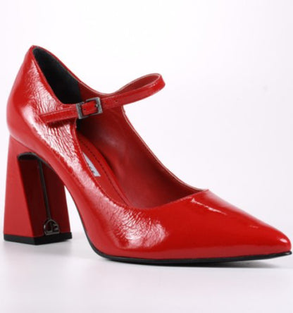 Ruby Red Leather Flare Heel Pumps