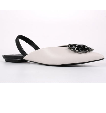 Flat Slingback Leather Black&White with Stones