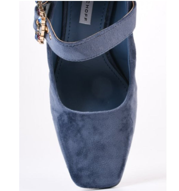 Blue Velvet Horizon Buckle Pumps with Stones