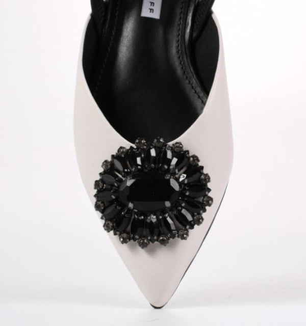 Flat Slingback Leather Black&White with Stones