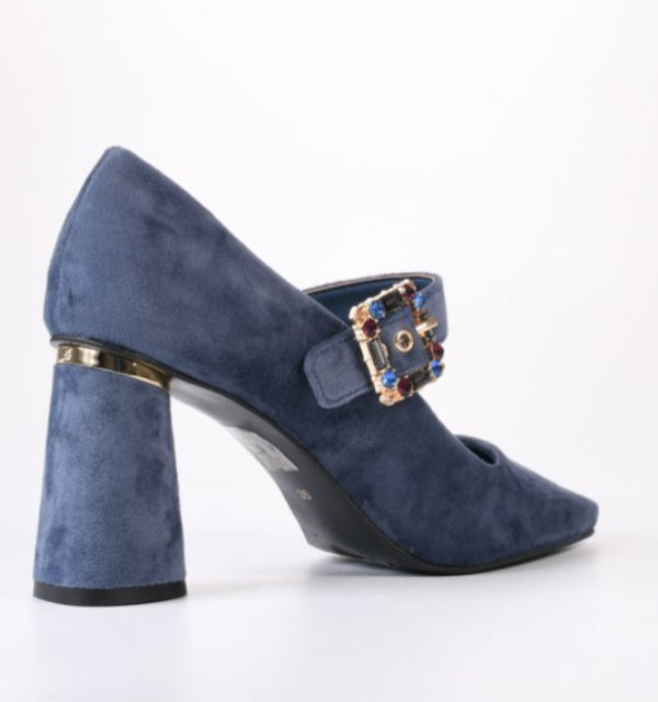 Blue Velvet Horizon Buckle Pumps with Stones