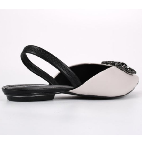 Flat Slingback Leather Black&White with Stones