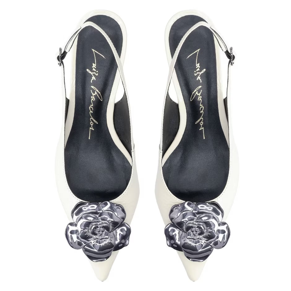 Kitty Heel SlingBack Black Flower Off White