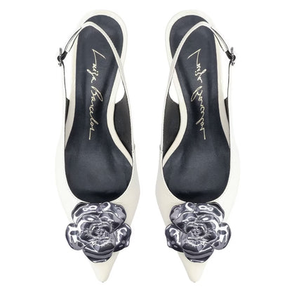 Kitty Heel SlingBack Black Flower Off White