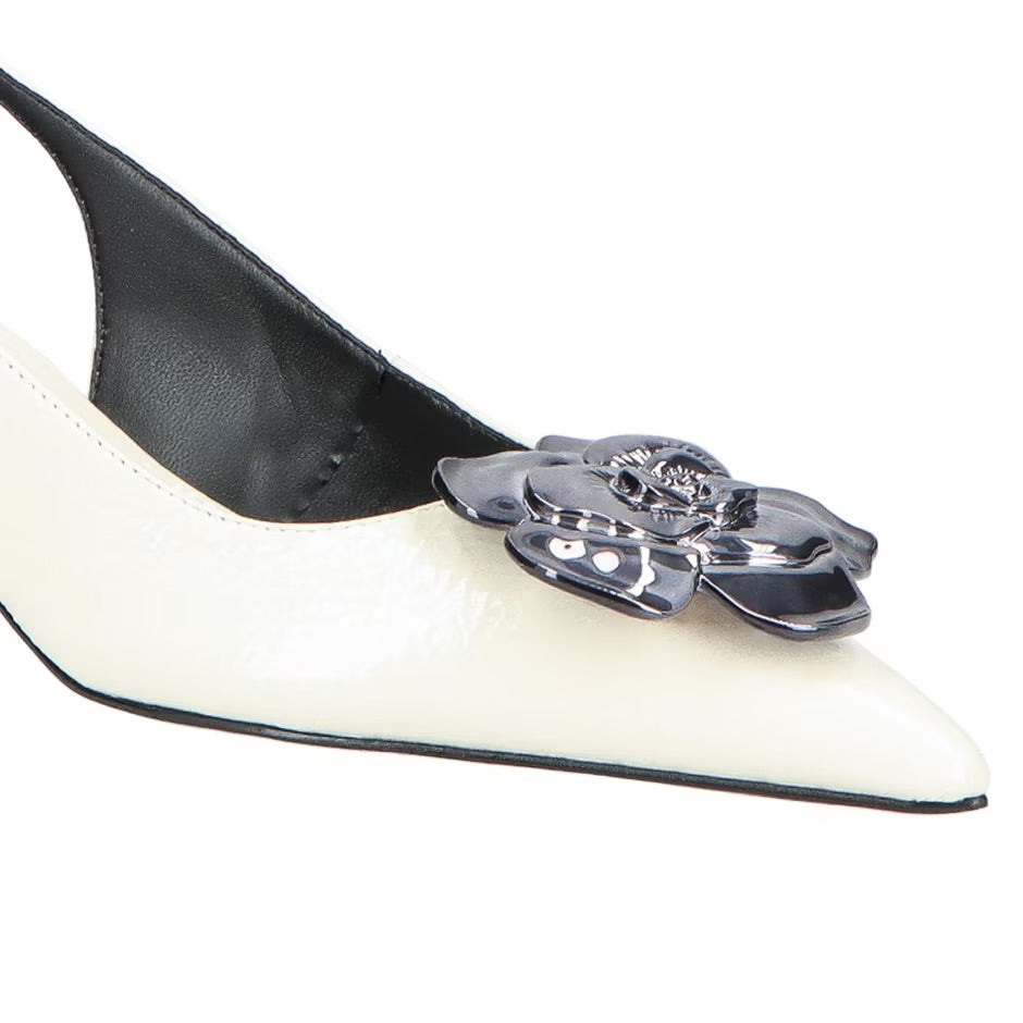 Kitty Heel SlingBack Black Flower Off White